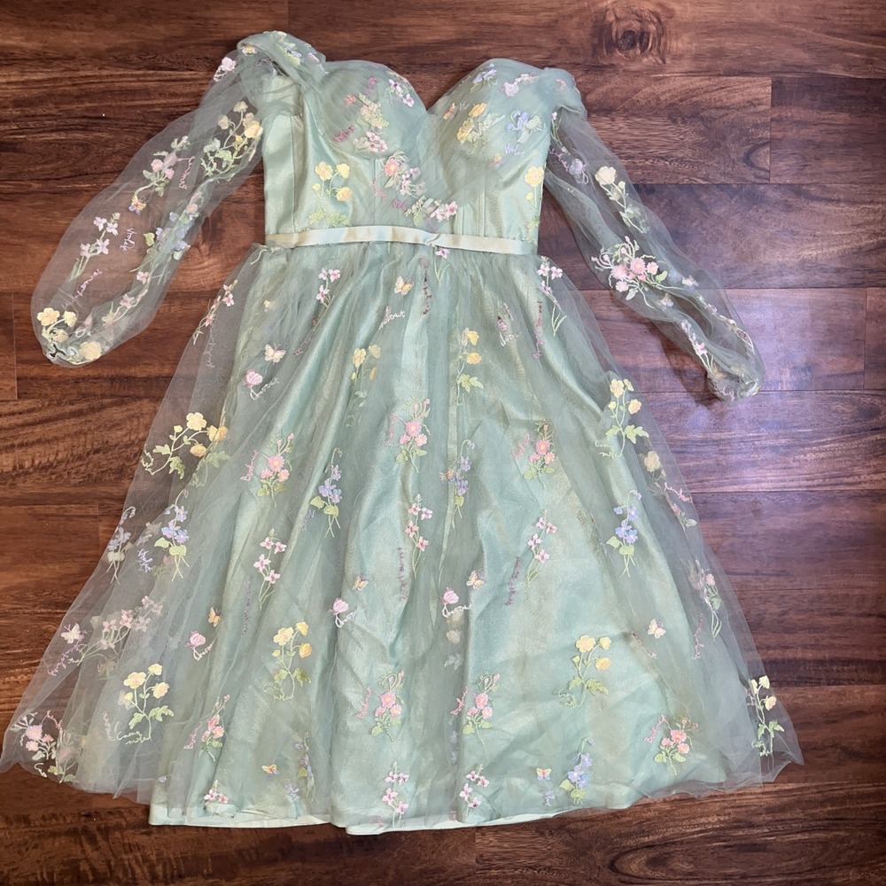 Fairytale Floral Green Tulle Long Sleeve Party Dress Size 8 Flowers Butterfly - Picture 2 of 10